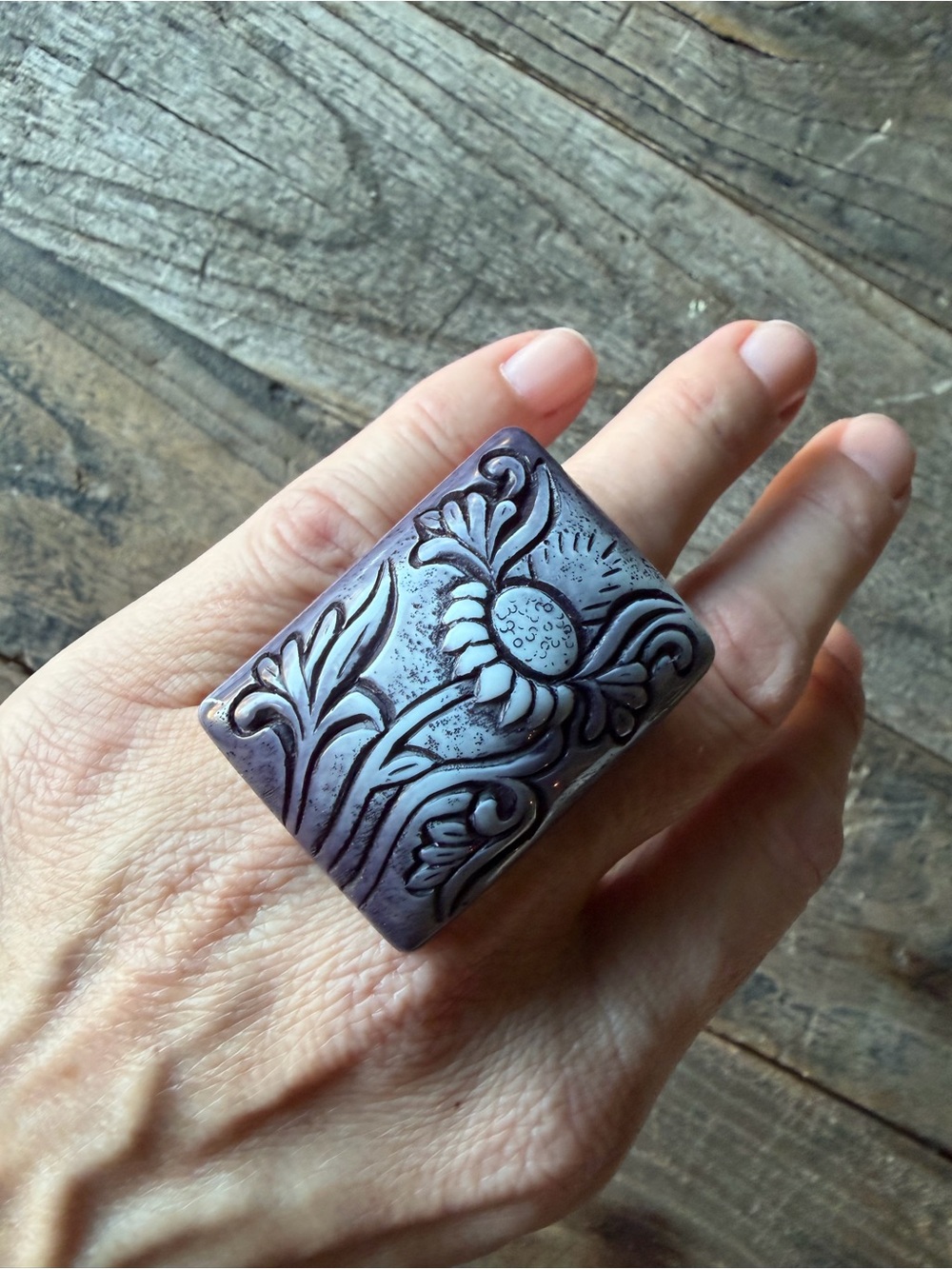 Vintage Handcrafted Floral Engraved Resin Ring - Deep Purple. From Scotland.